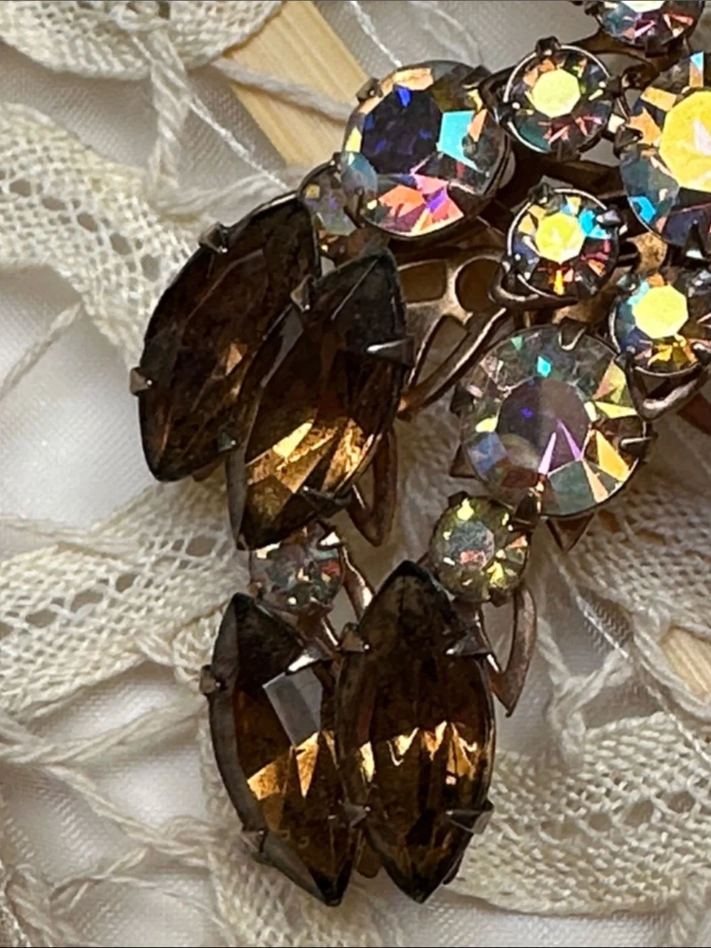 Aurora Borealis & Brown Rhinestone Floral Brooch - 2 7/8”